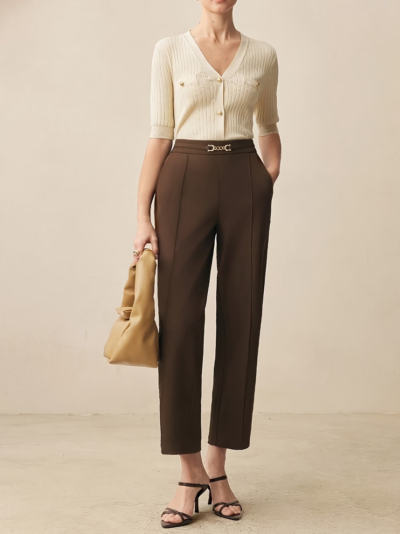 Women's Elegant Straight-Leg Office Pants with Metal Chain Detail
