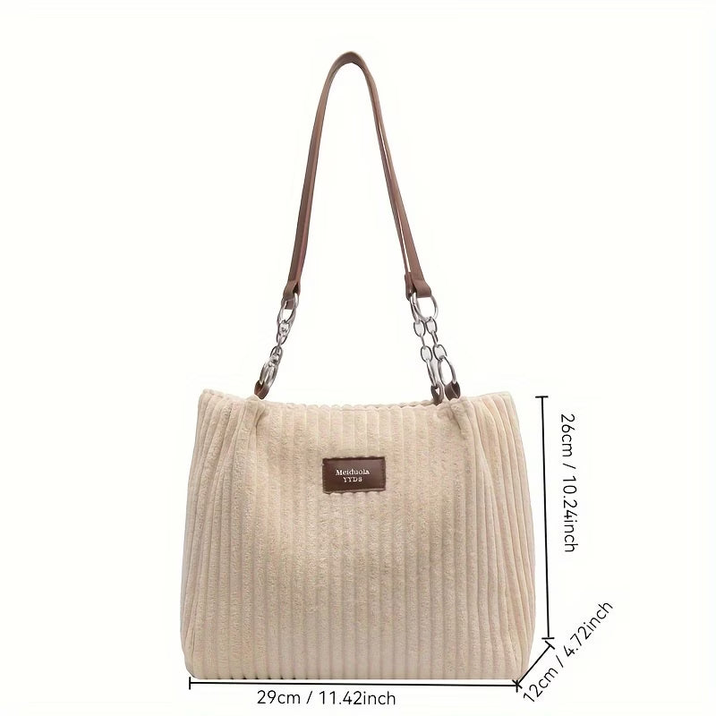 New Easy And Versatile Striped Corduroy Plush Shoulder Bag for Women, Tote Fabric Bag