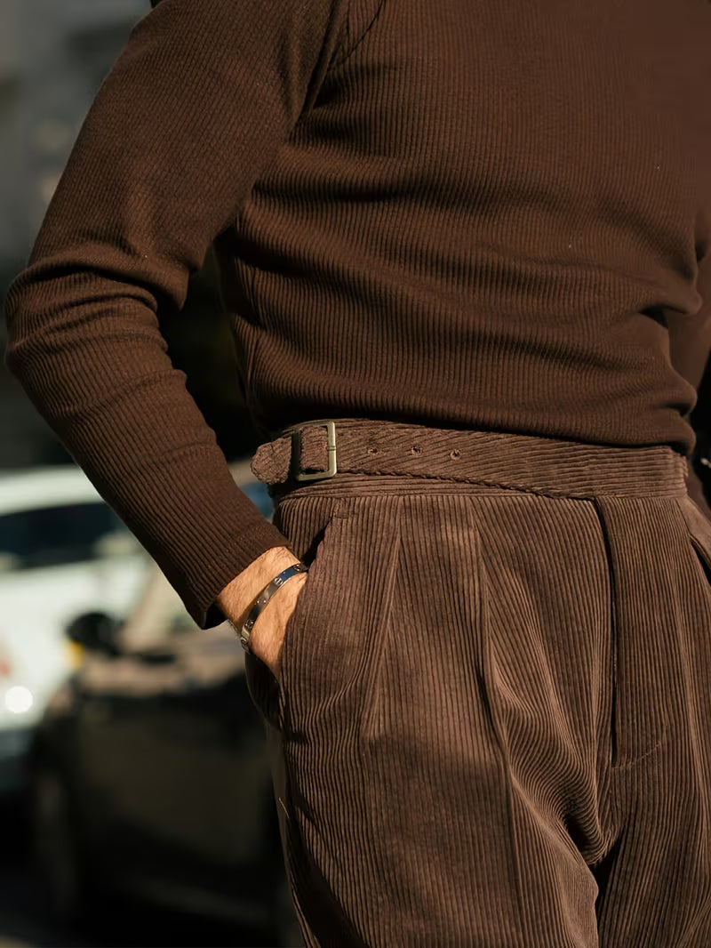 Men's Corduroy High-Waist Straight-Leg Trousers – Elegant Pleated Business Pants Autumn/Winter 2025