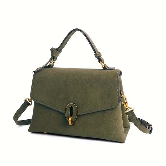 Olive Green Faux Suede Flap Bag with Golden Lock