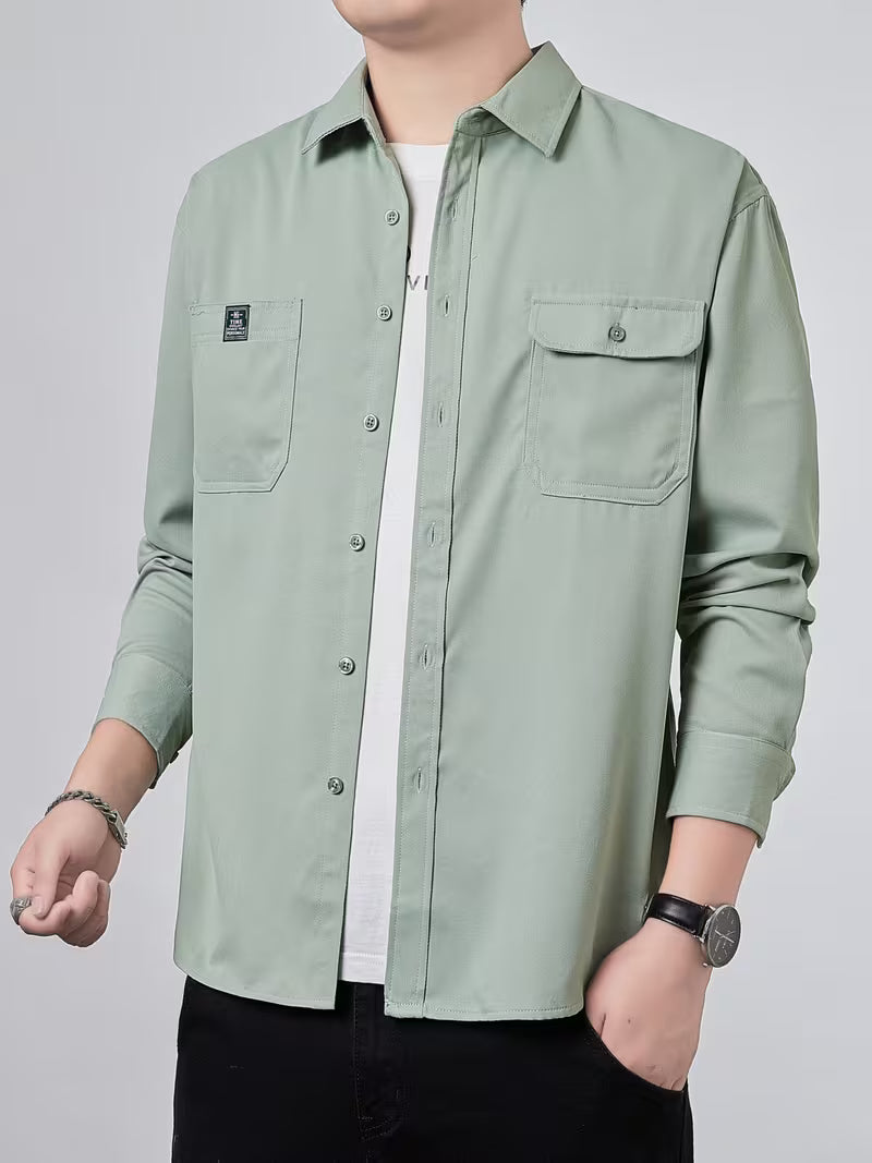 Men's Casual Solid Color Shirt – Collared Button-Up with Dual Pockets | All-Season Wear