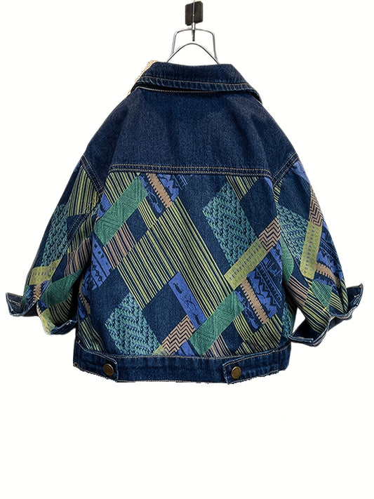 A Stylish Denim Jacket Featuring Playful And Unique Colorful Geometric Patterns