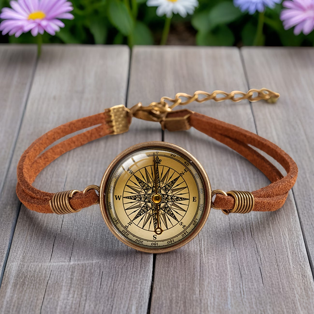 Adventure Style Compass Pattern Round Glass Dome Brown Leather Bracelets Accessory Gifts for Friends