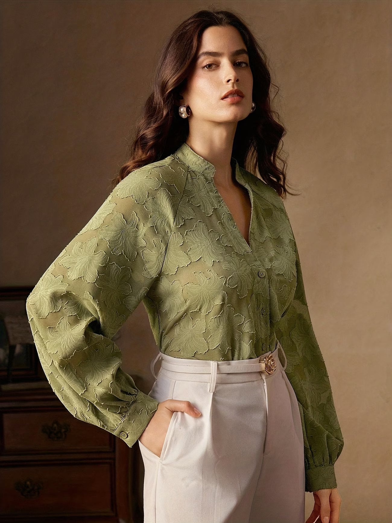Women's Elegant Christmas Party Blouse – Long Sleeve V-Neck Sheer Jacquard Top in Wine Red