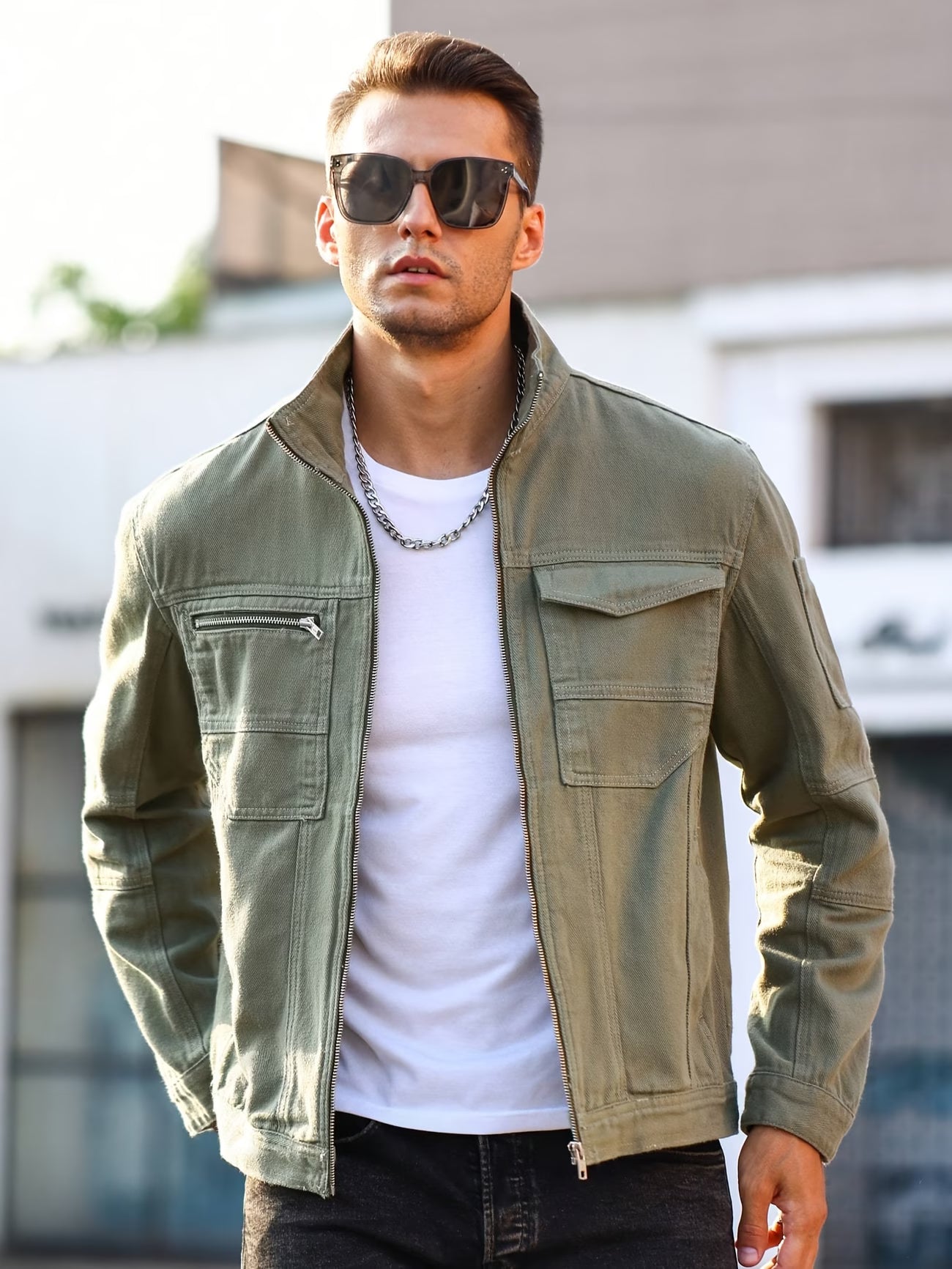 Men'S Summer Regular Fit Washed Denim Jacket in Solid Military Green, Non-Stretch And Casual for Outings