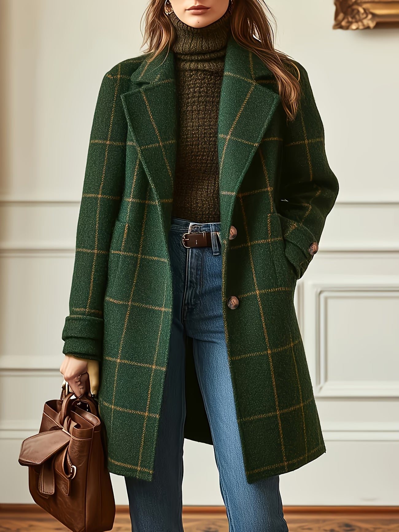 Women'S Vintage Plaid Coat with a Lapel