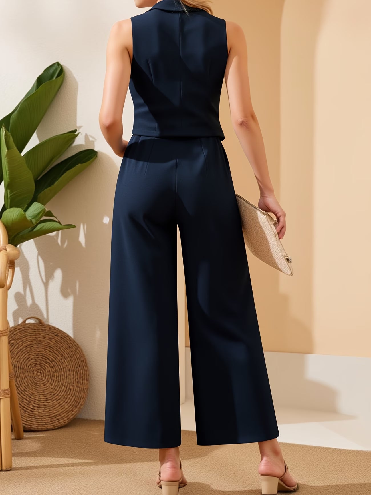A Sophisticated Two-Piece Set Featuring a Sleeveless Top And Wide-Leg Trousers