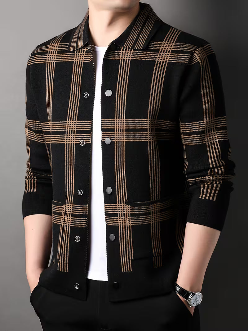 Men's Plaid Casual Cardigan Sweater Jacket – Long-Sleeve Lapel Knitwear for Spring & Autumn