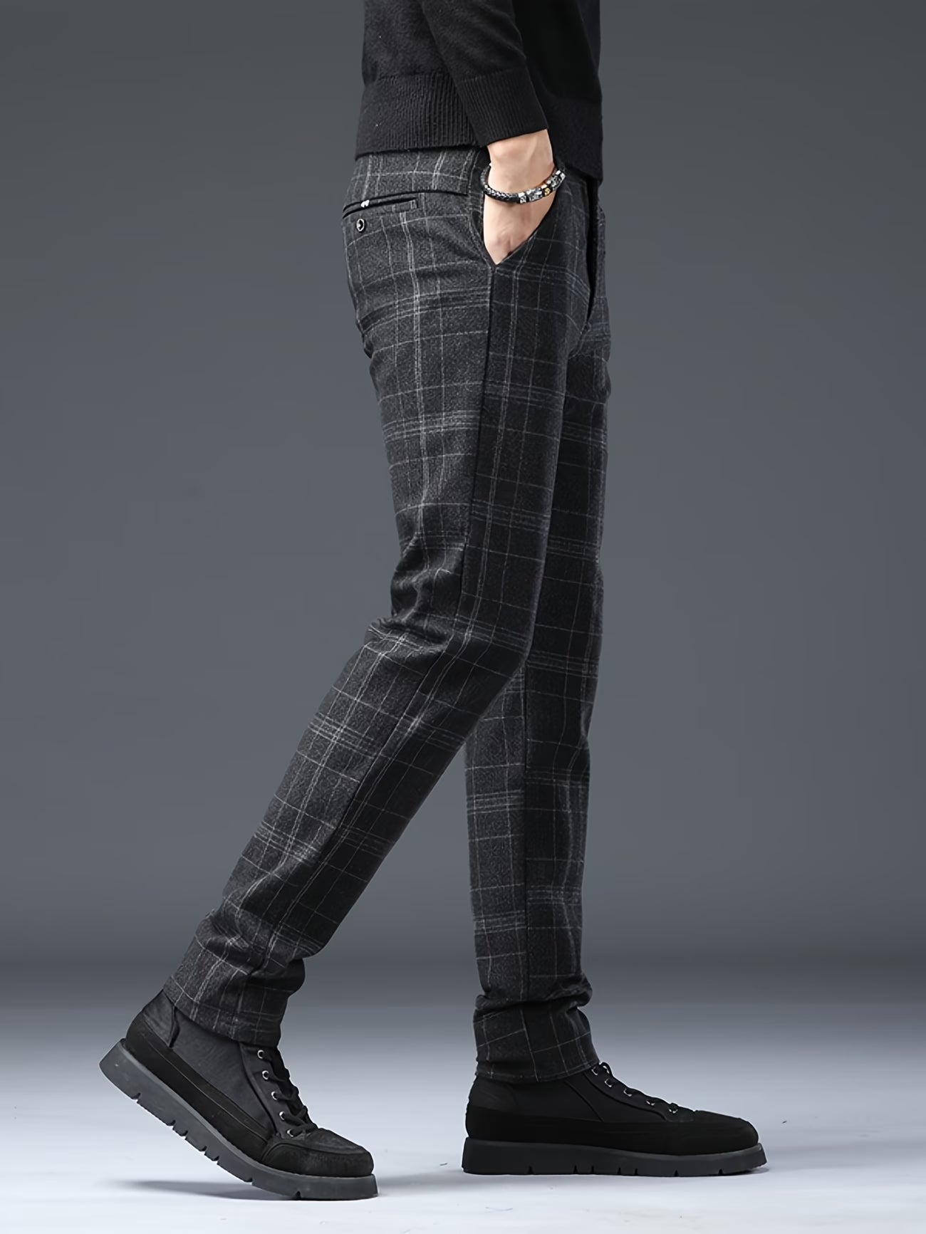 Men's Slim-Fit Plaid Pants - Brushed Stretch Straight Leg
