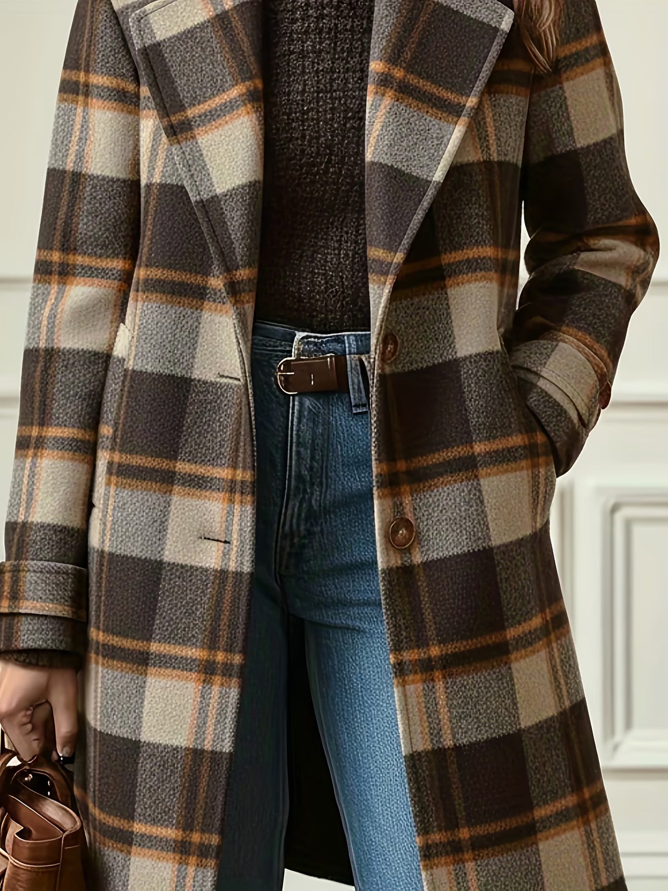 Autumn/Winter Women'S Mid-Length Check Pattern Coat