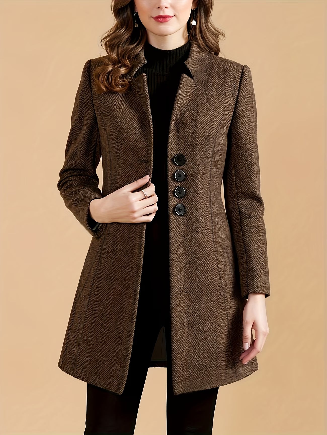 Tailored Autumn And Winter Fashion Elegant Brown Tweed Coat