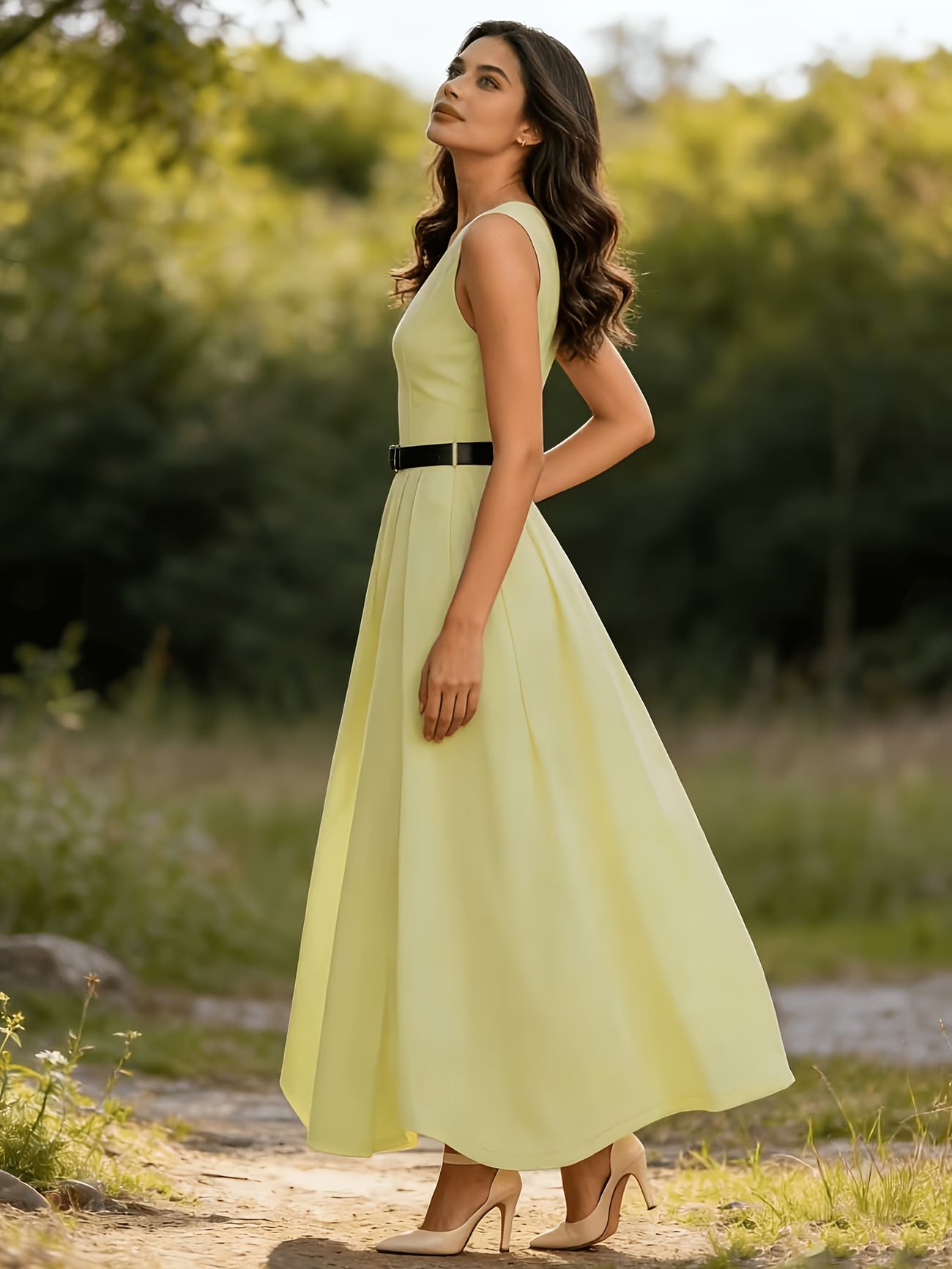 2026 French Style Waist-Cinching Sleeveless V-Neck Long Dress with Belt – High-End Elegant Spring Summer Dress