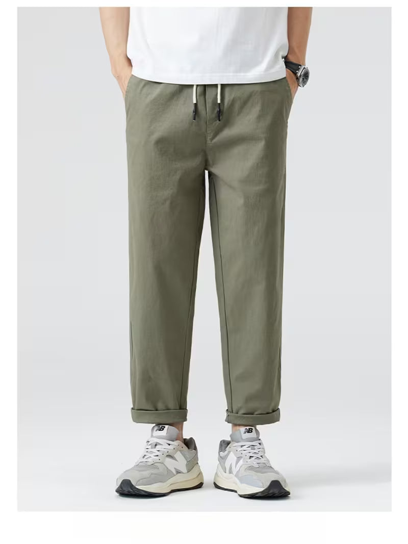 Men's Slim Fit Stretch Casual Trousers – Solid Color Nine-Point Straight-Leg Pants for Spring/Autumn 2025