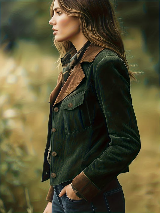A Vintage-Style Military Green Jacket with Brown Patchwork Large Lapels And Cuffs
