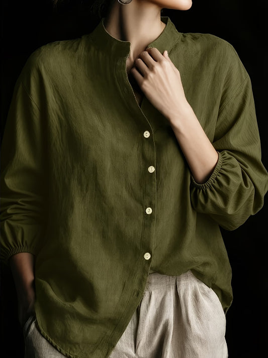 Linen Solid Color Stand Collar Shirt