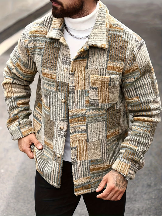 Men'S Geometric Patterned Long-Sleeve Single-Breasted Pocket Casual Fleece Jacket