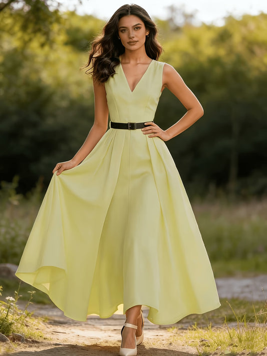 2026 French Style Waist-Cinching Sleeveless V-Neck Long Dress with Belt – High-End Elegant Spring Summer Dress