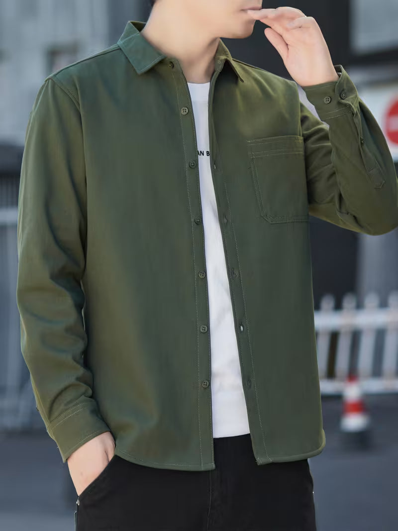Men's Lined Warm Business Casual Shirt – Pure Cotton Long-Sleeve Button-Up Outerwear for Autumn/Winter