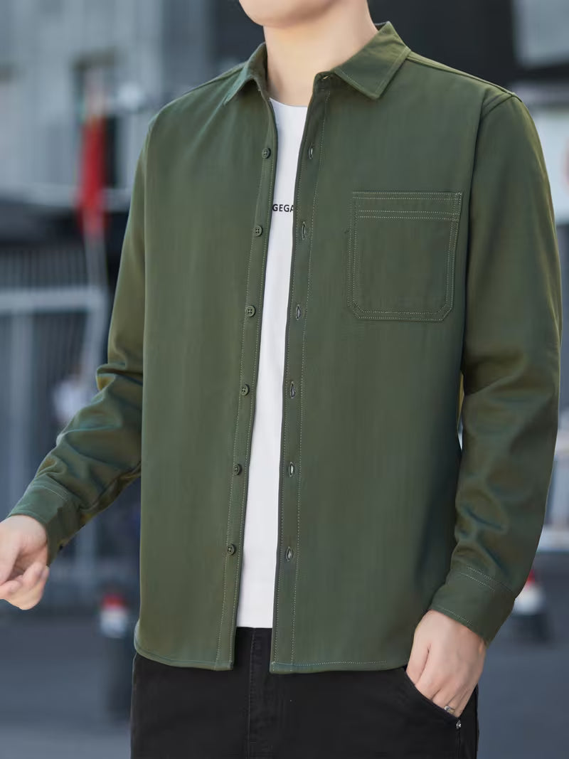 Men's Lined Warm Business Casual Shirt – Pure Cotton Long-Sleeve Button-Up Outerwear for Autumn/Winter