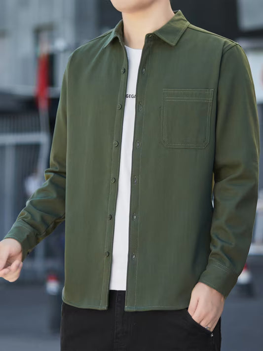 Men's Lined Warm Business Casual Shirt – Pure Cotton Long-Sleeve Button-Up Outerwear for Autumn/Winter
