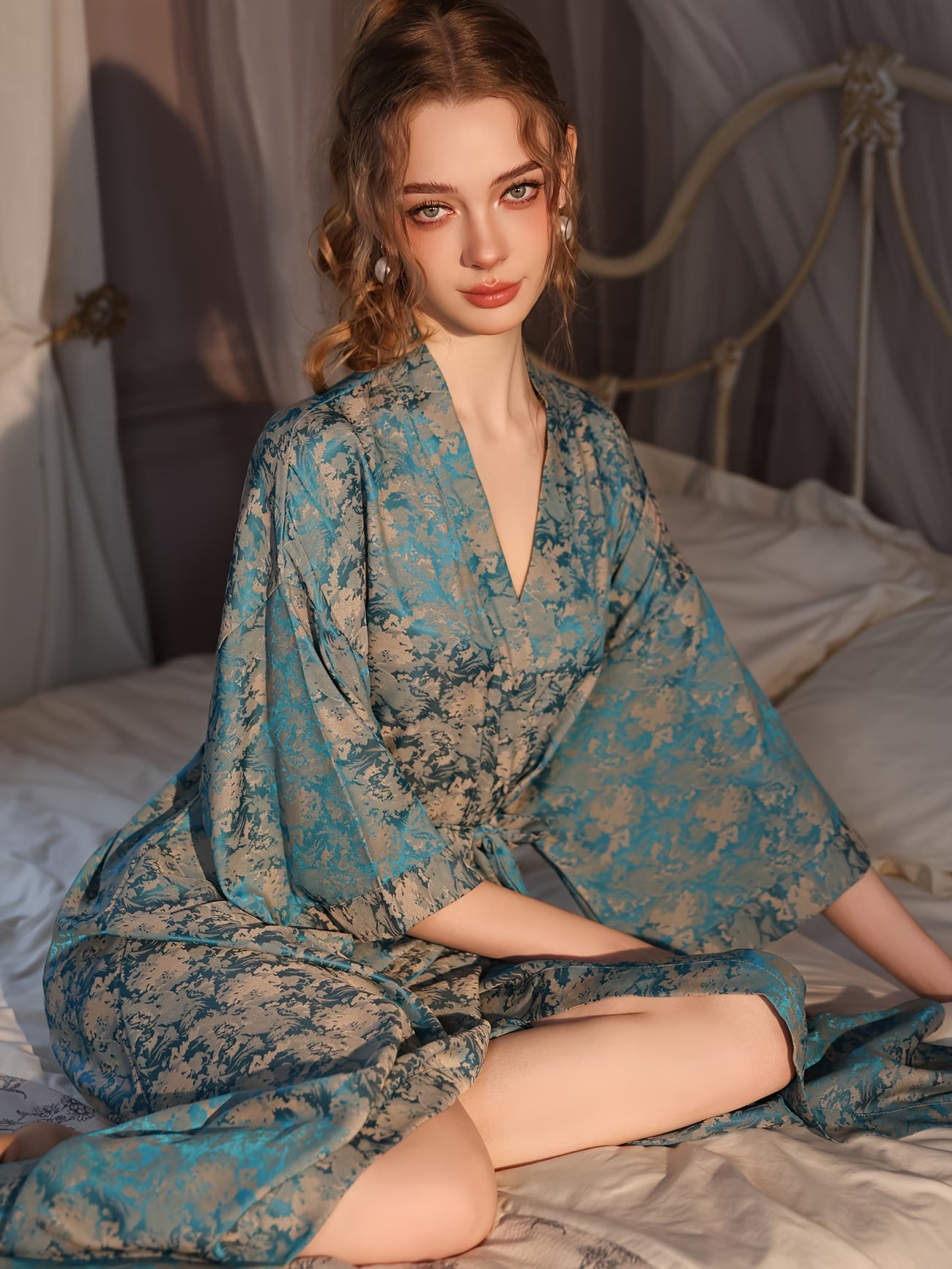 Ice Fiber Fabric Women's Summer Sexy Mid-Sleeve Sleep Robe