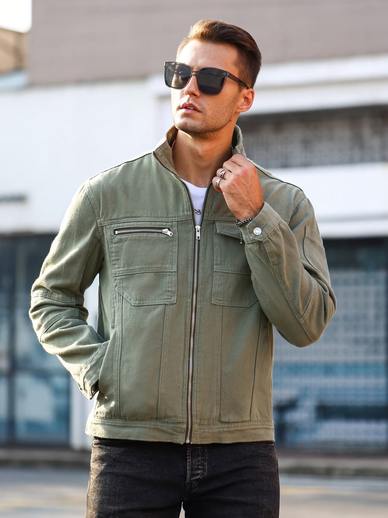 Men'S Summer Regular Fit Washed Denim Jacket in Solid Military Green, Non-Stretch And Casual for Outings