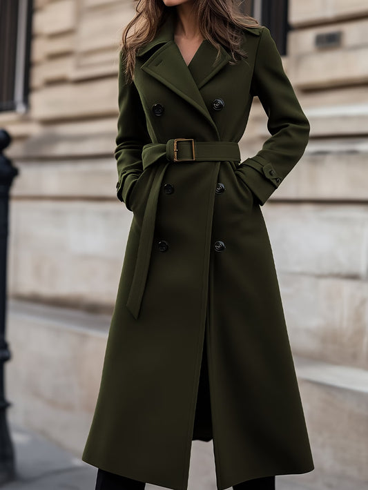 Ladies Solid Color Belted Long Sleeve Trench Coat with Large Lapel | Casual Style, Non-Stretch Fabric, Regular Fit