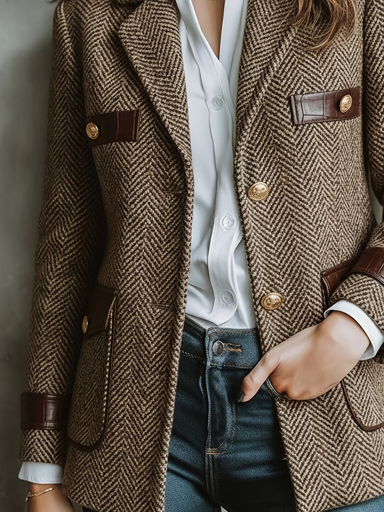 Retro Elegant Lapel Herringbone Commuting Fashion Patchwork Brown Women'S Blazer Jacket