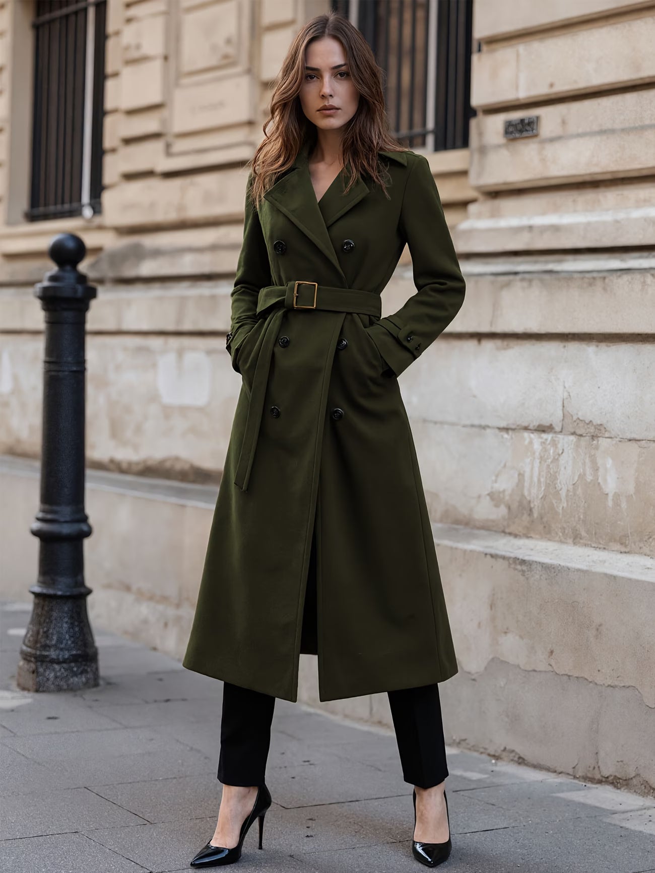 Ladies Solid Color Belted Long Sleeve Trench Coat with Large Lapel | Casual Style, Non-Stretch Fabric, Regular Fit