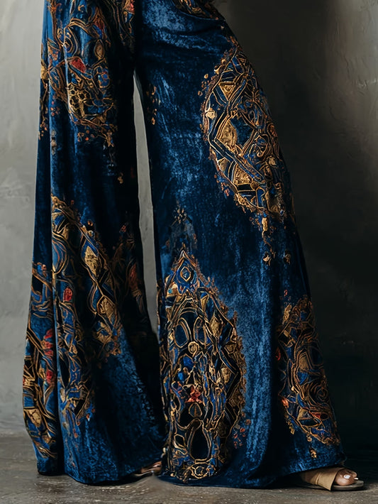 New Arrival Women's Elegant Vintage Court-Style Navy Blue Velvet Wide-Leg Pants