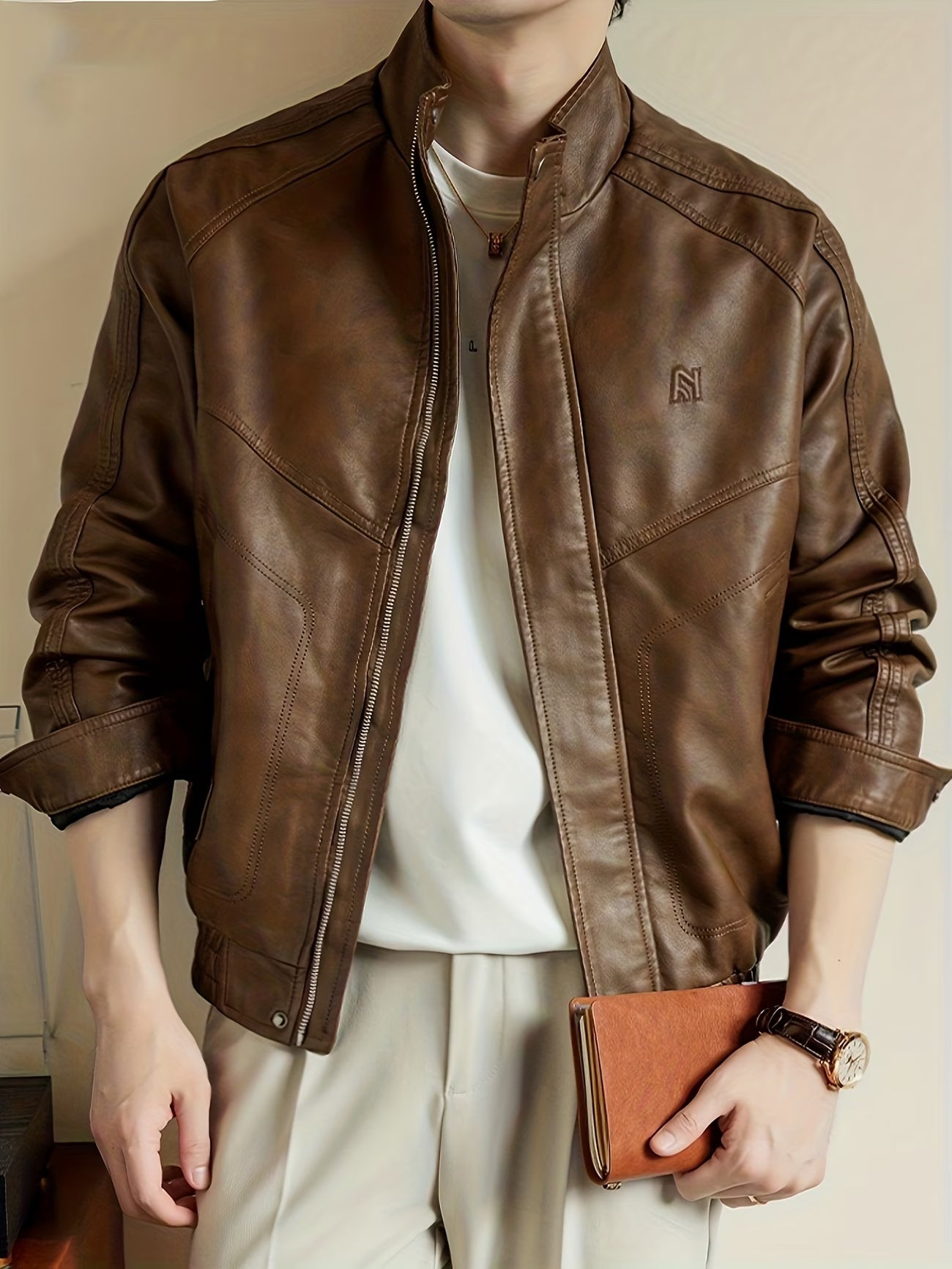 PU Jacket with Stand Collar and Metal Zipper, Motorcycle Style Spring/Autumn Outerwear