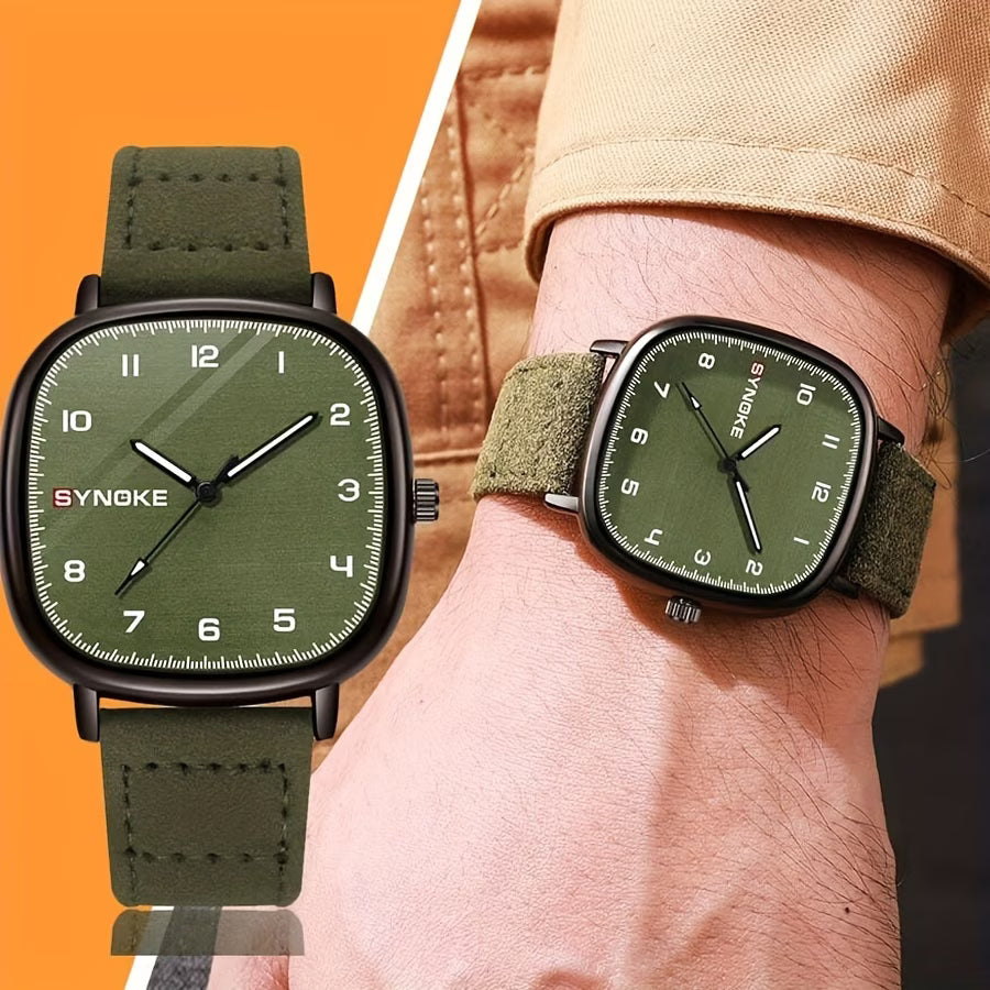 SYNCNOKE Vintage Olive Green Men's Quartz Watch - Square Design