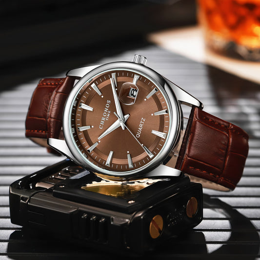 CHRONOS Men'S Casual Sports Watch for Outdoor Use with a Real Leather Band