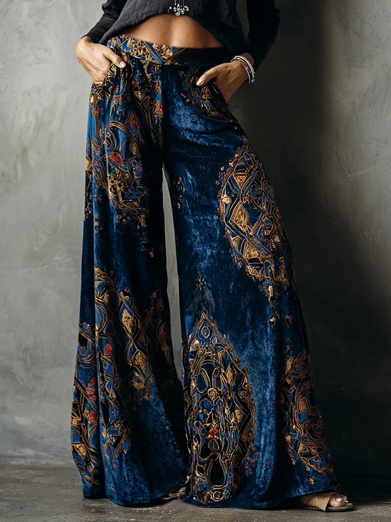 New Arrival Women's Elegant Vintage Court-Style Navy Blue Velvet Wide-Leg Pants