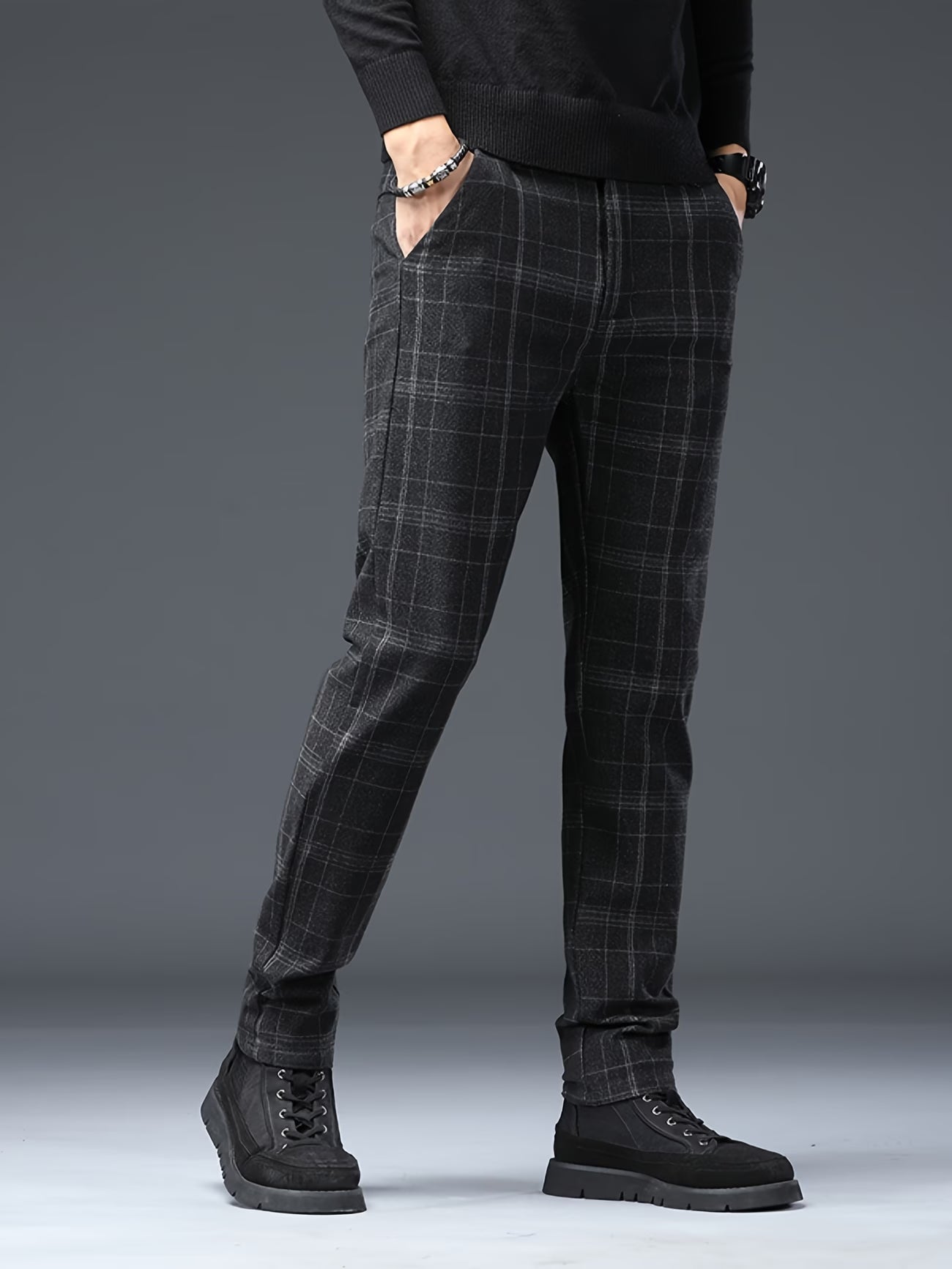 Men's Slim-Fit Plaid Pants - Brushed Stretch Straight Leg