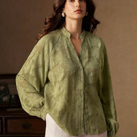 Women's Elegant Christmas Party Blouse – Long Sleeve V-Neck Sheer Jacquard Top in Wine Red