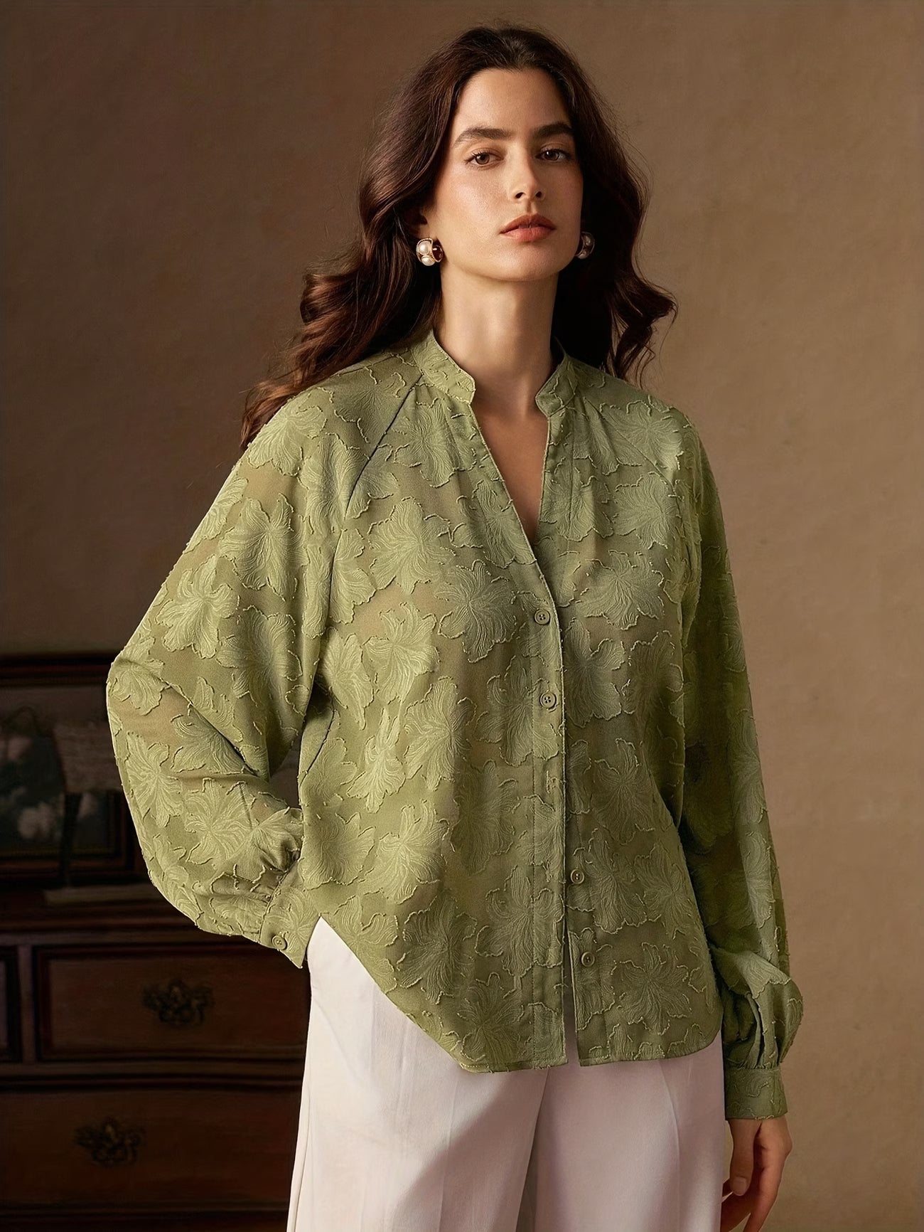 Women's Elegant Christmas Party Blouse – Long Sleeve V-Neck Sheer Jacquard Top in Wine Red