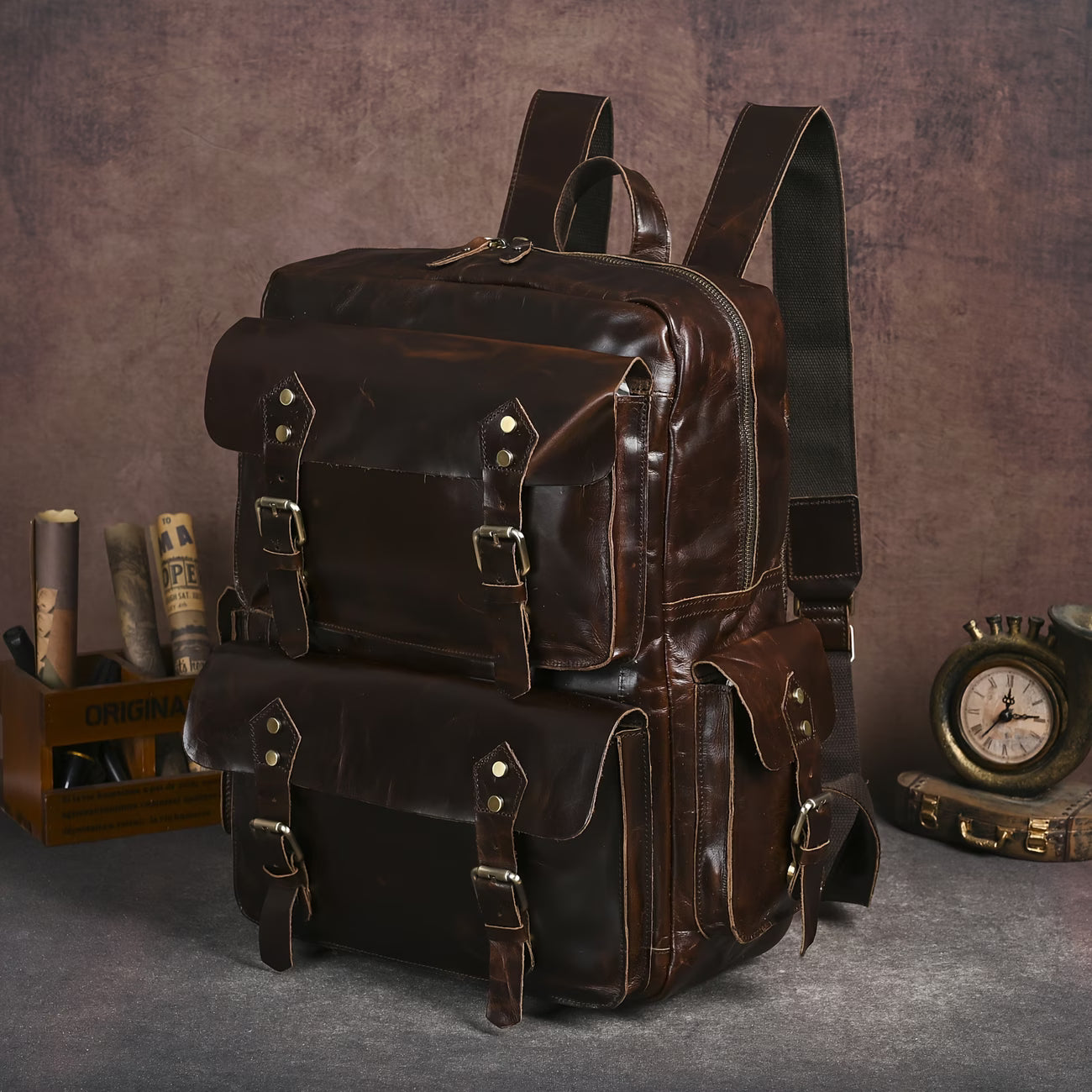 Crazy Horse Genuine Leather Backpack for Men, 16-Inch Backpack 1965