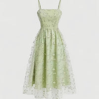 Women's Elegant Mesh Splicing Ruched A-Line Dress – Spaghetti Strap Smocked Bridesmaid Dress