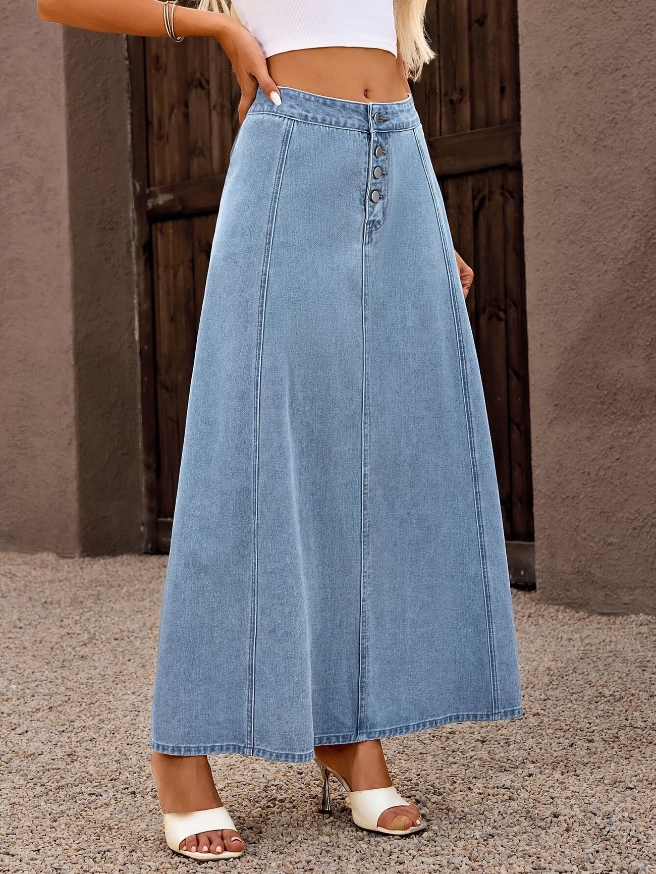 Casual Fashion Women's Simple Button- Mid-waist Denim Skirt