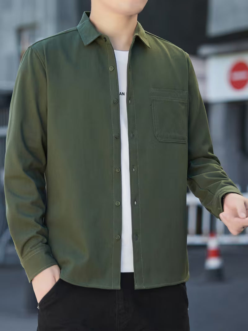 Men's Lined Warm Business Casual Shirt – Pure Cotton Long-Sleeve Button-Up Outerwear for Autumn/Winter