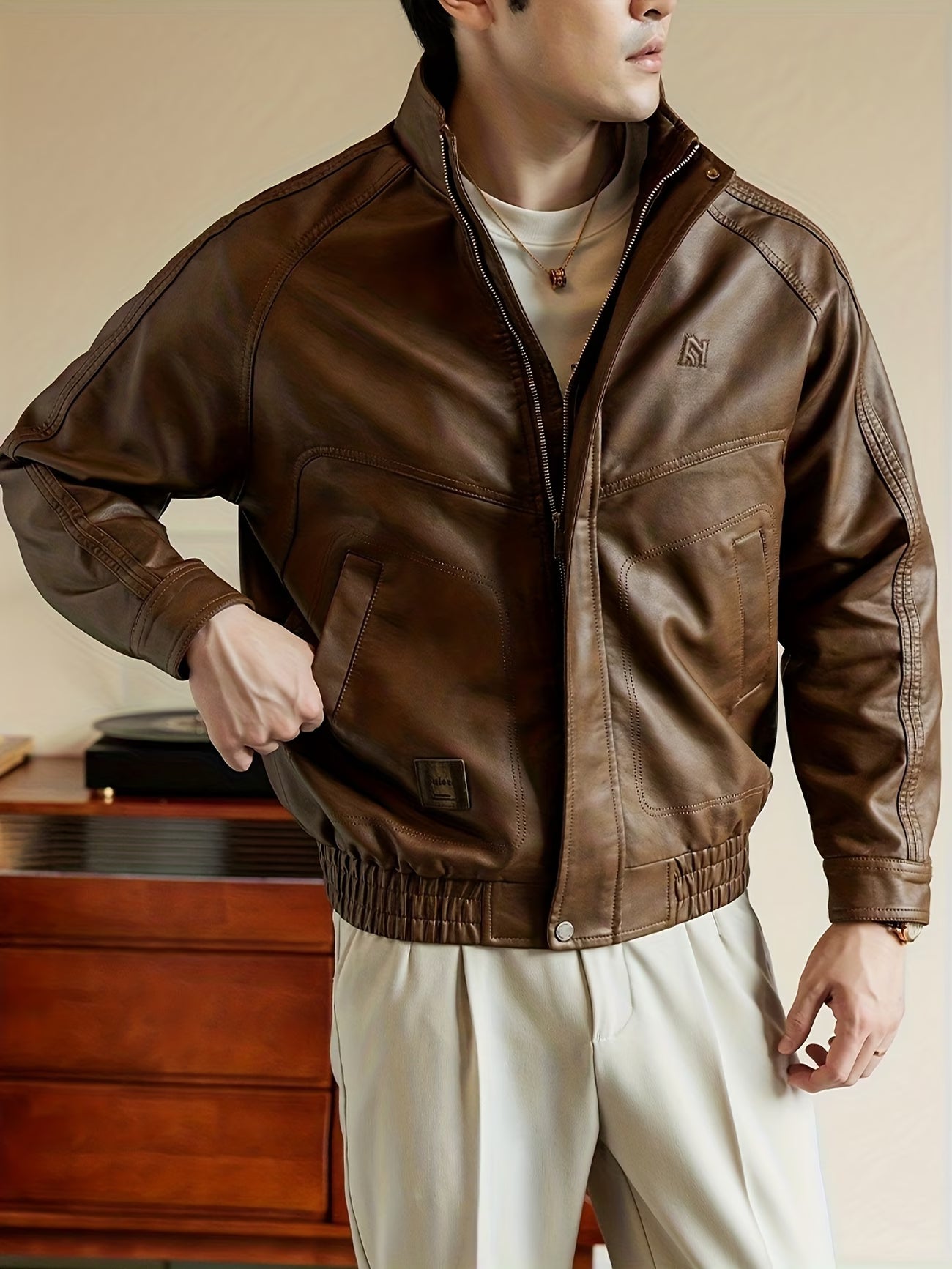 PU Jacket with Stand Collar and Metal Zipper, Motorcycle Style Spring/Autumn Outerwear