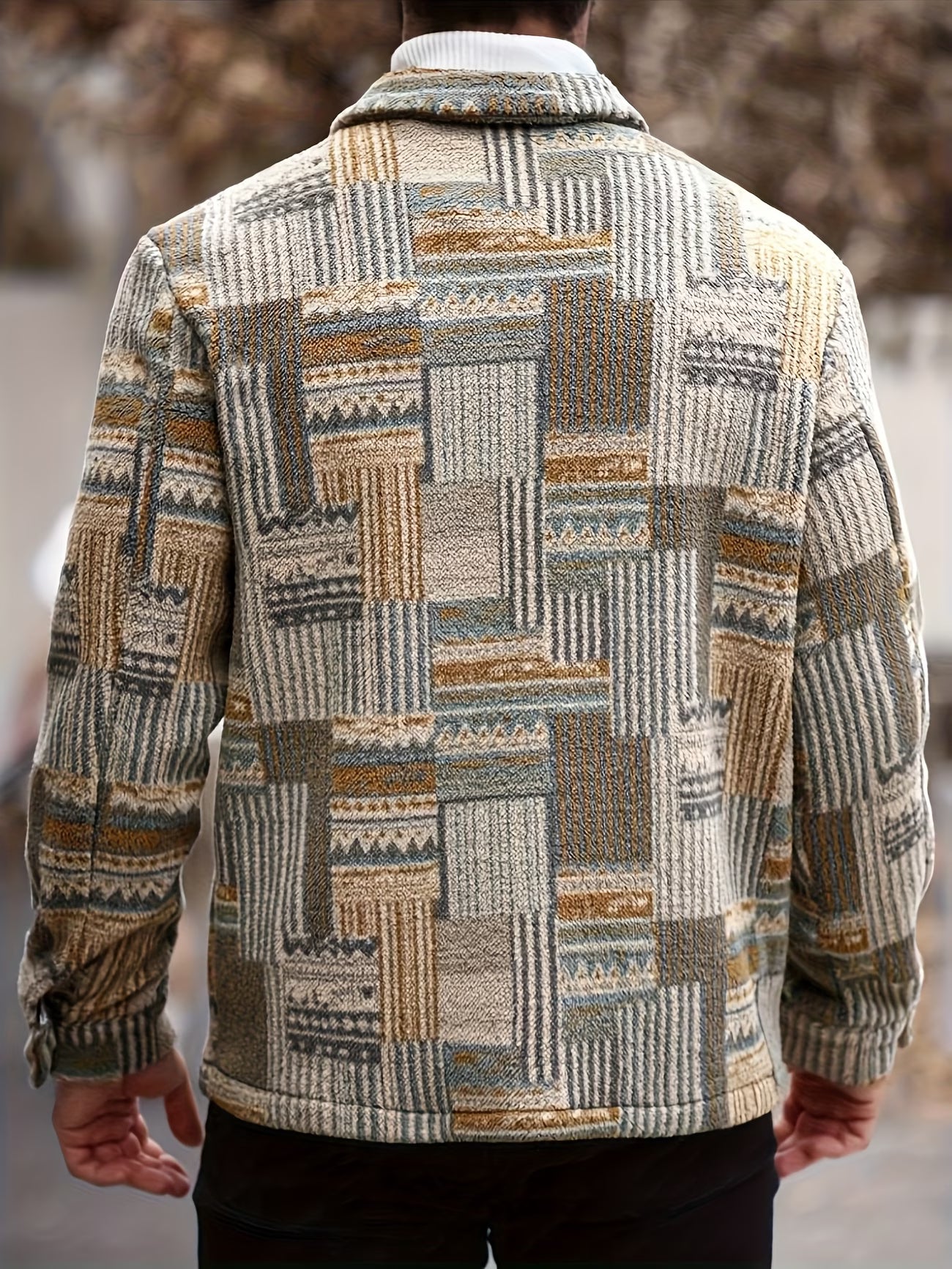 Men'S Geometric Patterned Long-Sleeve Single-Breasted Pocket Casual Fleece Jacket