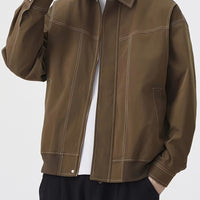 Men's Loose Lapel Zip-Up Long-Sleeve Jacket – Solid Color Versatile Outerwear for Spring & Autumn