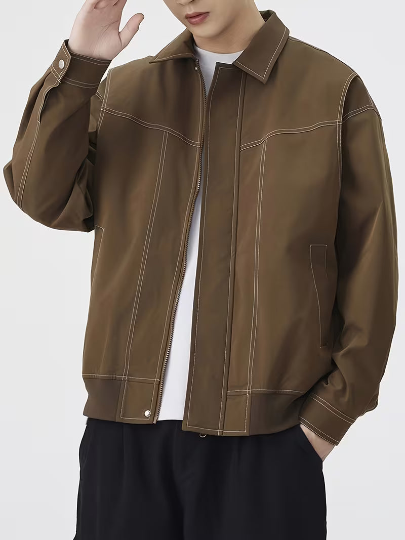 Men's Loose Lapel Zip-Up Long-Sleeve Jacket – Solid Color Versatile Outerwear for Spring & Autumn