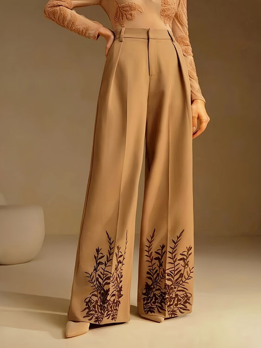 Elegant Women'S High-Waisted Floral Embroidered Wide-Leg Pants