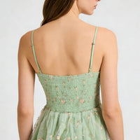 Women's Elegant Mesh Splicing Ruched A-Line Dress – Spaghetti Strap Smocked Bridesmaid Dress