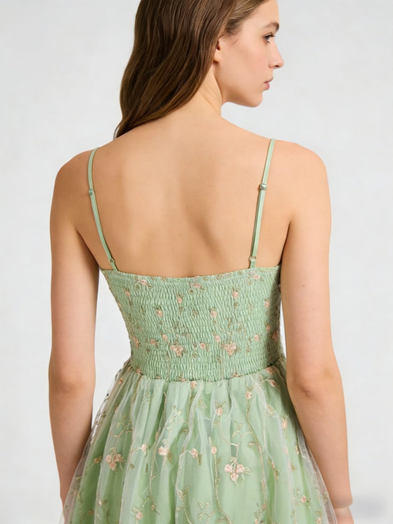 Women's Elegant Mesh Splicing Ruched A-Line Dress – Spaghetti Strap Smocked Bridesmaid Dress