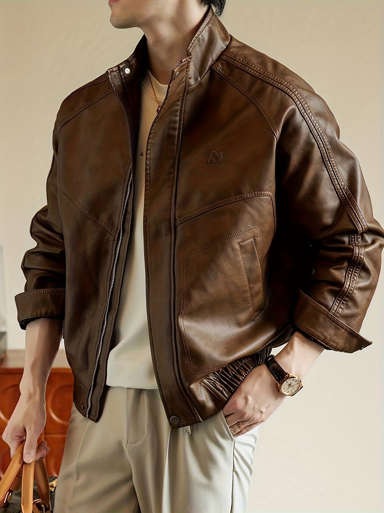 PU Jacket with Stand Collar and Metal Zipper, Motorcycle Style Spring/Autumn Outerwear