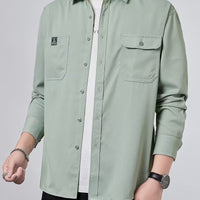 Men's Casual Solid Color Shirt – Collared Button-Up with Dual Pockets | All-Season Wear